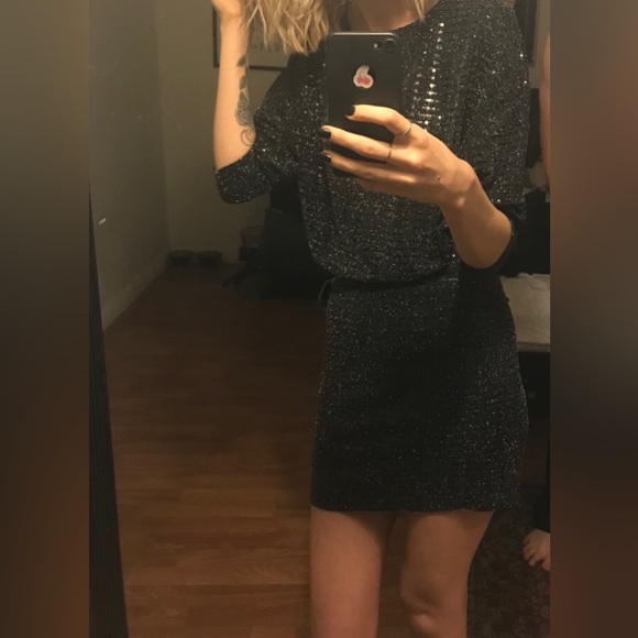 HM Dark Grey/Black Sequin Long Sleeve Mini Dress - Picture 2 of 3